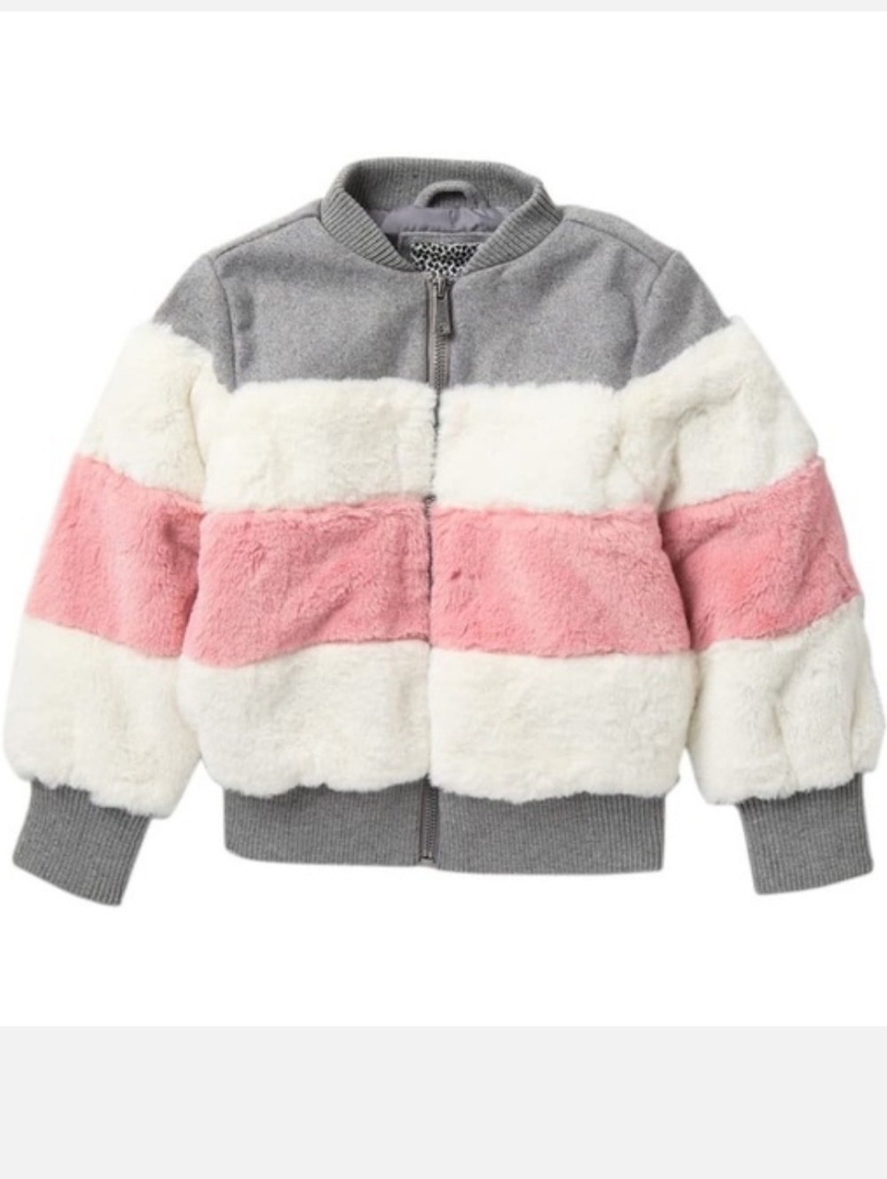 Kensie Girl Faux Fur Pink White Gray Stripe Bomber Jacket Size 10/12